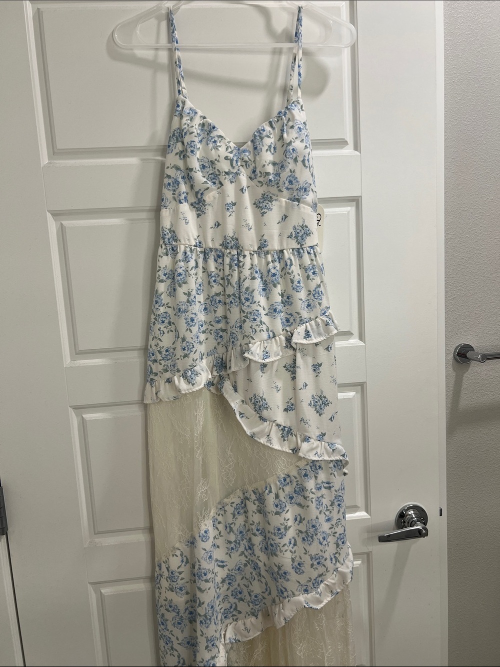 White and Blue Floral Ruffle High-Low Dress